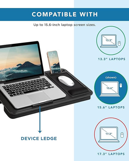 LAPGEAR Large Adjustable Lap Desk – Fits Laptops up to 15.6”, Adjustable Cushion, Memory Foam Wrist Rest, Mouse Pad, Device Ledge, & Phone Slot - Black Carbon - Style No. 88008