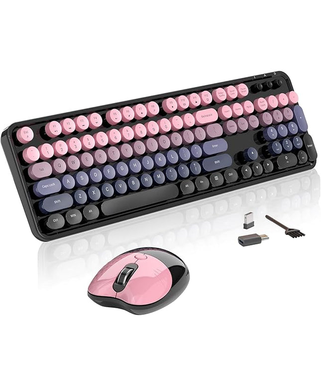 Wireless Keyboard and Mouse, MOFII 104 Round Keycaps Retro Typewriter with OTG & Brush, Full-Size Ergonomic, Ideal for Windows PC, Home, Office and College Peach Pink
