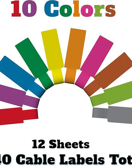 Kenco Cable Labels - 240 Labels 12 Sheets, 10 Colors Waterproof Cord Labels - Write on Stickers Tear and Liquid Resistant for Color Coding and Identification -Made in The USA (240 Labels)
