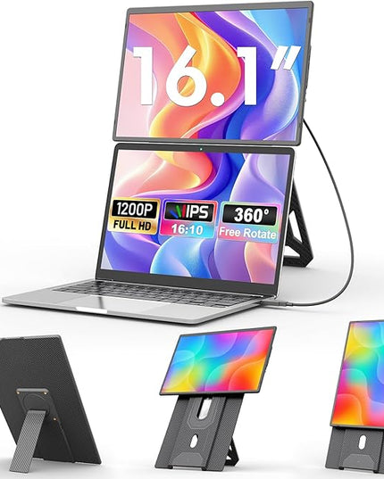 domyfan 16.1'' Laptop Screen Extender, 360° Rotating Detachable Stand/VESA Support, FHD 1200P IPS Portable Monitor, Plug & Play with HDMI/USB-A/Type-C, Compatible Win/Mac/Android