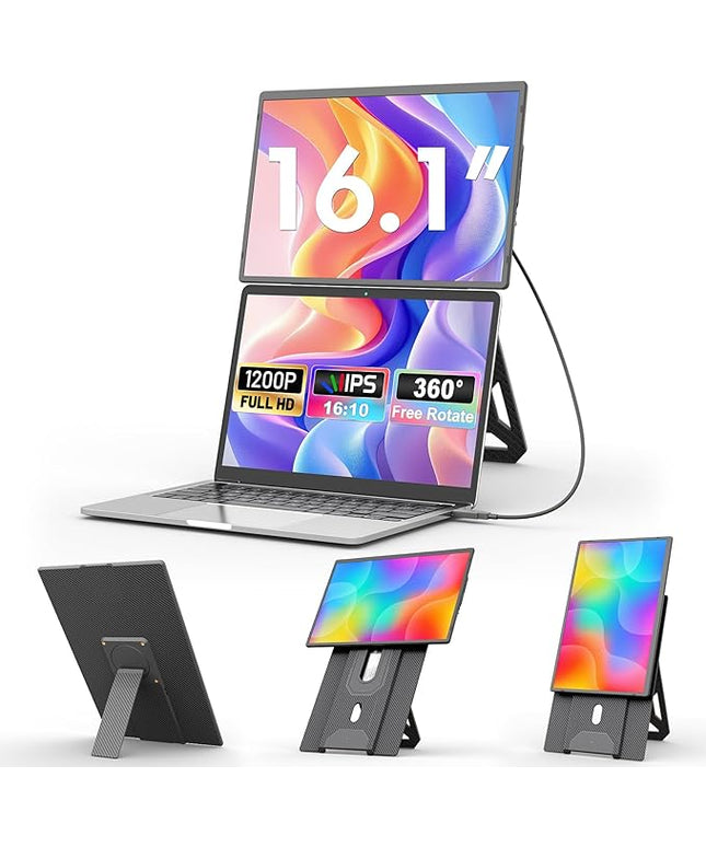 domyfan 16.1'' Laptop Screen Extender, 360° Rotating Detachable Stand/VESA Support, FHD 1200P IPS Portable Monitor, Plug & Play with HDMI/USB-A/Type-C, Compatible Win/Mac/Android