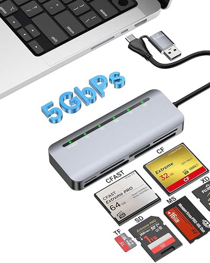 CFast Card Reader 6-in-1, USB 3.0 Multi Card Reader for CFast/CF/SD/TF/XD/MS, Simultaneous Read 6 Cards, 5Gbps High-Speed Data Transfer, Aluminum, Compatible with MacBook, Windows, PC, iPhone 17-15