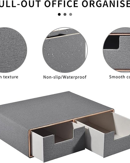 RHCSZ Linen Leather Desk Organizer with Drawers－Mini Desktop Drawer Organizer Stackable－Multifunctional Tabletop Organization Storage Box for Office Supplies Home Vanity Toiletries (Grey, 2-drawers)