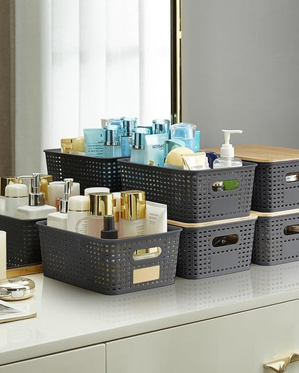 Small Plastic Storage Bins with Bamboo Lids 5.2qt Stackable Box Basket Pantry Decorative Containers Cute with Lable for Organizing Desktop Closet Office Gray of 6 packs 10 * 7.2 * 4.1'’