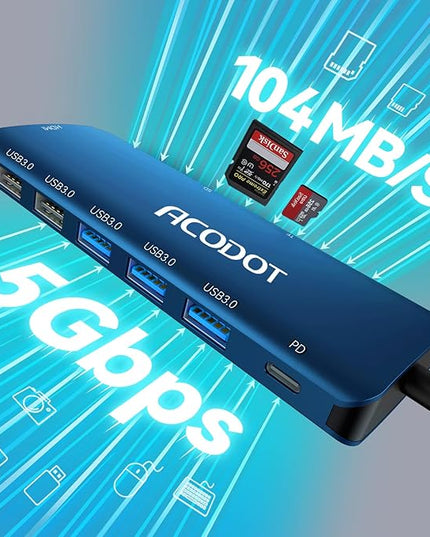 Acodot 9 in 1 USB C to 4K@60HZ HDMI Multiport Adapter, 3 USB 3.0 Ports, SD/TF Card Reader, 100W PD, Designed for MacBook Pro Air HP XPS etc, Blue
