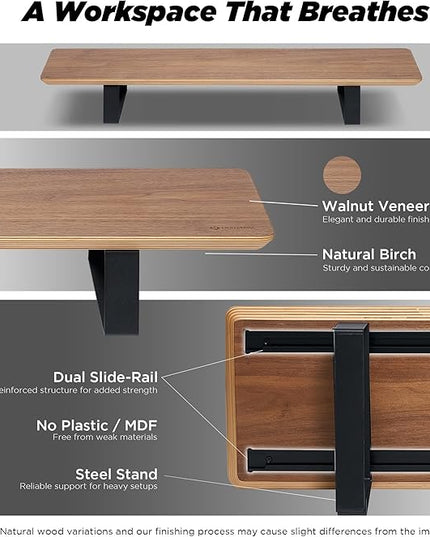 Moodular Wooden Monitor Stand 33.4” (85cm) Desk Organizer with Metal Slide Rails for Drawer, Tray, Laptop, Tablet, Phone & Headphones Customizable Riser for Organized Workspace Walnut MS85-W