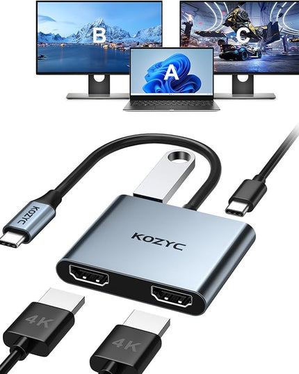 USB C to Dual HDMI Adapter 4K@30Hz, KOZYC USB C Hub Multiport Adapter with 2xHDMI, USB 3.0, 100W PD, Support USB C to HDMI Splitter Extended Display for MacBook Pro (MST is not Supported on MacOS)