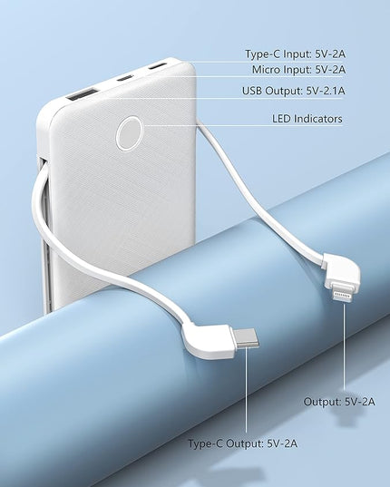 6000mah Ultra Slim Built in Cables Power Bank, Card Size Built in USB C Cords Battery Pack Portable Charger for Phones, 3 Output External Battery Pack Compatible with iPhone, 2-Pack Black & White