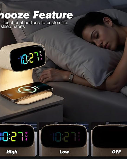 Digital Alarm Clock with Wireless Fast Charging Station 15W Touch Smart Lamp for Bedside,3 Colors Nightlight Adjustment Night Lamp for Living Room,Bedside,Heavy Sleepers (Woodgrain+Cable&Adapter)