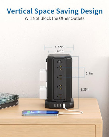 Surge Protector Power Strip Tower with USB Ports, 15 FT Extension Cord Tower with 16 Widely Spaced Outlets 4 USB Ports, 1080 Joules, Overload Protection, Flat Plug Power Strip for Home, Office, Black