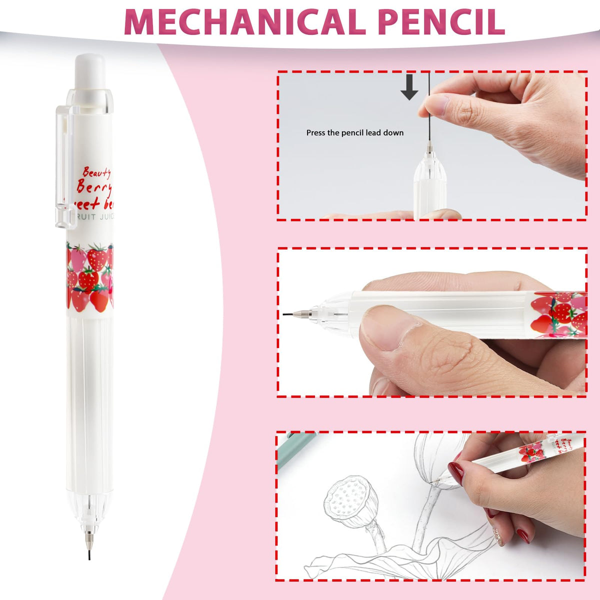Mangpung Cute Strawberry Pens Set Include Kawaii 0.5mm Strawberry Mechanical Pencil,Mechanical Pencil Lead Refills,Erasers,Gel Pens,Stickers,Strawberry Stationery Set for Office School Supplies