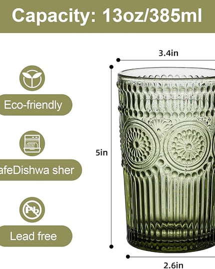 Vintage Glassware Drinking Glasses Set of 6,13 oz Green Textured Flower Design Glass Water Tumblers，Embossed Striped Drinkware for Water,Cocktails,Juice,Iced Coffee