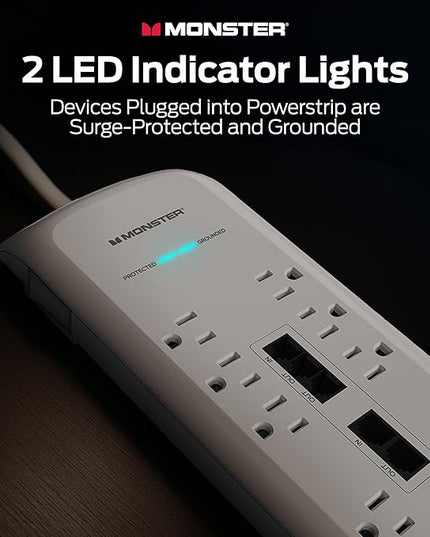 Monster Power Surge Protector w/ 4,050 Jules Rating — Heavy Duty Power Strips with Surge Protection, 8 Outlets, USB-A & USB-C, 2 Coax, 5 Ethernet Ports, Fireproof MOV, Dual Mode (6FT Cord, White)