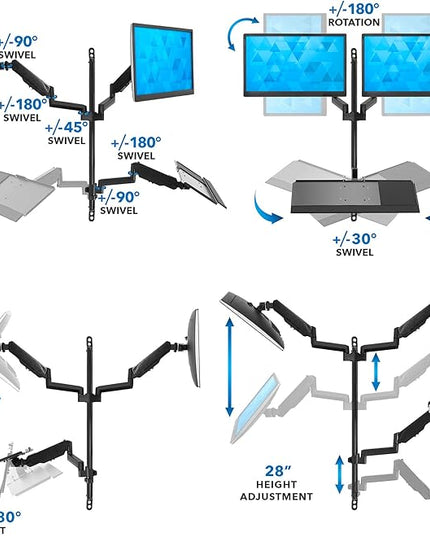 Mount-It! Wall Mount Workstation with Dual Monitor Mount, Keyboard Tray and CPU Holder, Height Adjustable Full Motion Arms, Fits Two 32 Inch Computer Screens