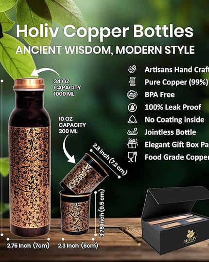 Floral Antique Copper Bottle and 2 Tumbler Set - 34oz Engraved Vessel with 10oz Cups - Indian Artisan Handcrafted - Premium Wellness Gift