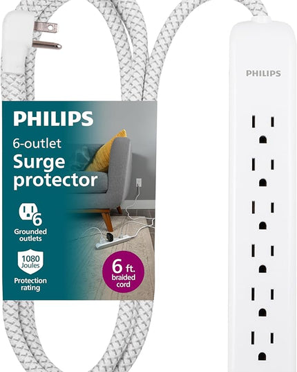 Philips 6 Outlet Power Strip Surge Protector, 6 Ft Power Cord, Designer Braided Extension Cord, Flat Plug, Perfect for Office or Home Décor, 1080 Joules, White, SPC3054WA/37
