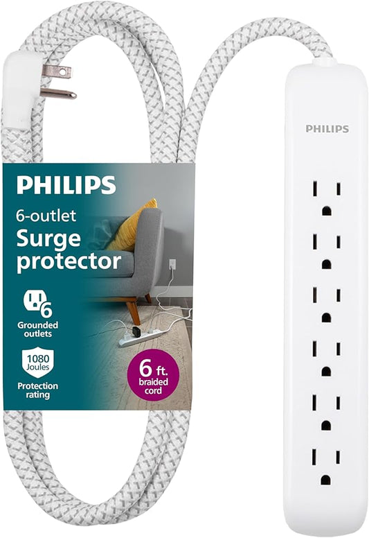 Philips 6 Outlet Power Strip Surge Protector, 6 Ft Power Cord, Designer Braided Extension Cord, Flat Plug, Perfect for Office or Home Décor, 1080 Joules, White, SPC3054WA/37