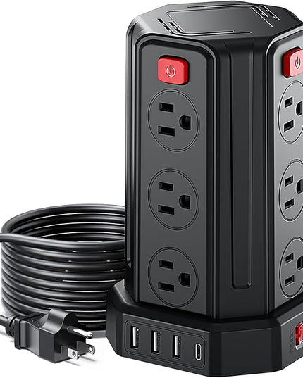 Power Strip Surge Protector, 6.5 Ft Extension Cord with 12 AC Multiple Outlets 4 USB (1 USB C), SMALLRT Power Tower Desktop Charging Station (Black, 6.5 Ft)