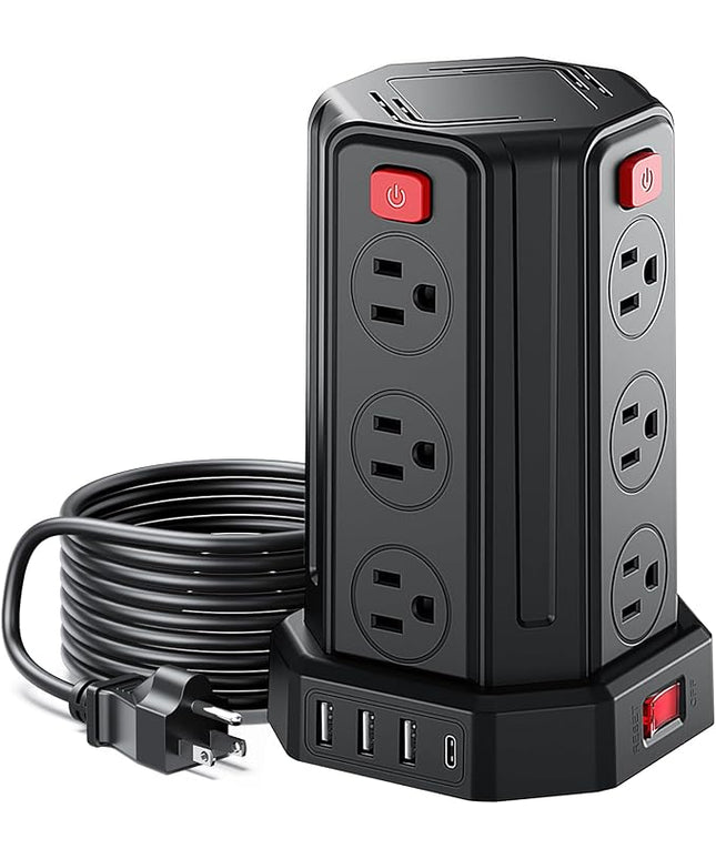 Power Strip Surge Protector, 6.5 Ft Extension Cord with 12 AC Multiple Outlets 4 USB (1 USB C), SMALLRT Power Tower Desktop Charging Station (Black, 6.5 Ft)