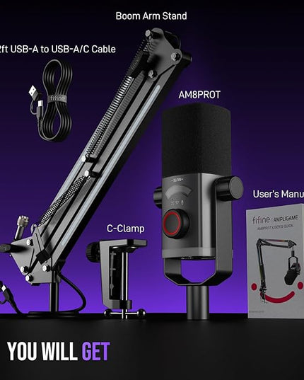 FIFINE Gaming Microphone Kit, XLR/USB Dynamic PC Microphone with Boom Arm for Podcast Recording, RGB Streaming Mic Set, Tap-to-Mute, Mix Control, Headphone Jack-AmpliGame AM8PROT