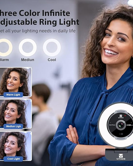 Zoomable Webcam with Remote Control, 1080P 60FPS Streaming Webcam with Adjustable Ring Light and Tripod, Pro USB 5X Digital Zoom Webcam for Zoom/Skype Teams/Laptop/Mac Windows