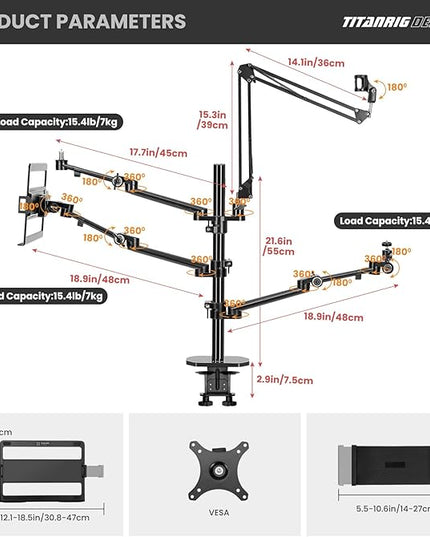 TARION Overhead Camera Desk Mount: 4-in-1 Heavy Duty Mount Set with 1 Mic Boom Stand + 3 Articulating Arms for DSLR Cameras Ring Light Monitor Laptop - Live Stream Stand TitanRig Desk