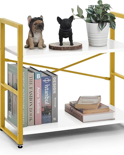 CAPHAUS 2 Tier Small Bookshelf, 24 Inch Width Free Standing Shelf, Bookcase Shelf Storage Organizer, Industrial Book Shelves for Home Office, Living Room, White Wooden Shelves & Gold Frame