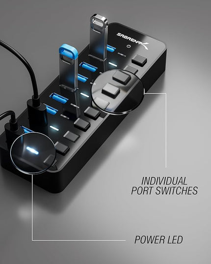 SABRENT 10-Port 60W USB 3.0 Hub with Individual Power Switches and LEDs, Includes 60W 12V/5A Power Adapter (HB-BU10)