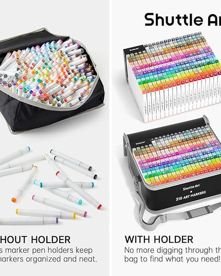 Shuttle Art 310 Colors Alcohol Markers, 309 Colors Dual Tip Art Marker Set Plus Colorless Blender, Micro-tip Pens, White Highlighter Pens, Marker Bag with Holders Perfect for Students Adults Coloring