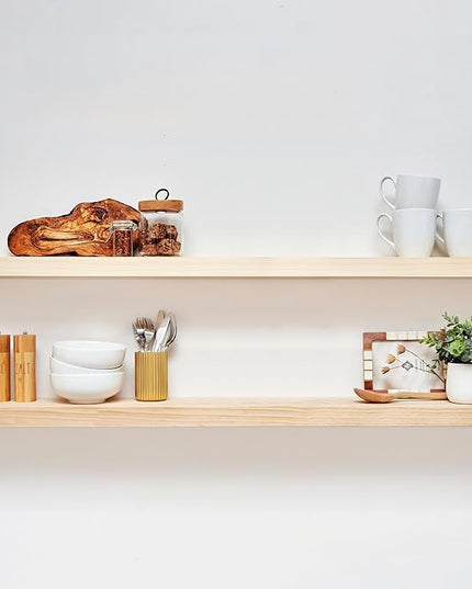 Homeforia 48 inch Natural Floating Shelf, High End Solid Real Wood 48inch Small Floating Shelves for Wall Mounted, Natural Wooden Floating Shelves, Heavy Duty Bracket, 48 X 6.5 X 1.75 in, Set of 2