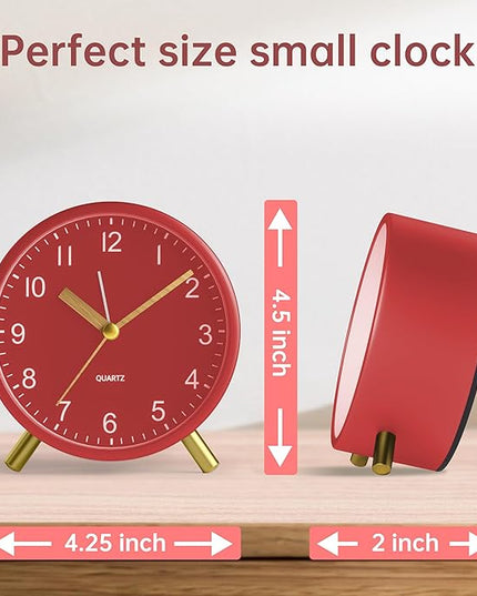 Analog Alarm Clock, 4 inch Super Silent Non Ticking Small Clock with Night Light, Battery Operated, Simple Design, easy setting for Office, Bedroom, Bedside, Desk, teens, elders, kids, adult, Red