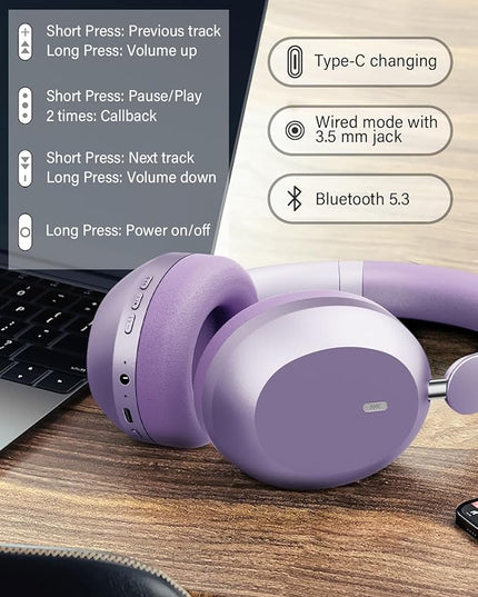 Wentronic Y05 Bluetooth Headphones Wireless Over Ear Noise Cancelling with Microphone 48 Hours Playtime, High Sound Quality Foldable Soft Earpads Headphones for Travel-Purple