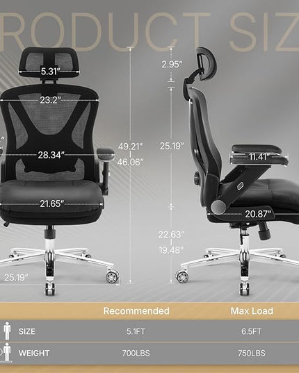 750lbs Big and Tall Office Chair,Heavy Duty Office Chair with 5D Flip Arms and Adjustable Lumbar Support, Ergonomic Mesh High Back Desk Chair, Ergonomic Executive Home Office Computer Chair