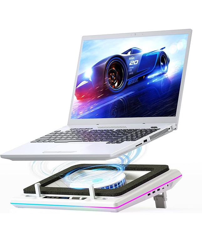 llano RGB Laptop Cooling Pad, White, Powerful Turbofan, Quiet Cooling, Touch Control, LCD Screen, Seal Foam, 15-19in Laptops