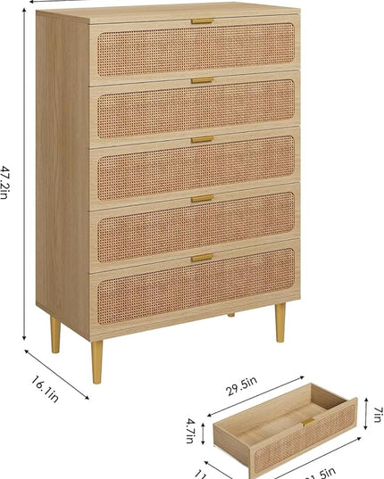 Garvee Rattan Dresser with 5 Drawers, Tall Modern Closet with Deep Storage, Large Chest of Drawers with Wide Top, Long Wooden Dresser for Bedroom, Living Room, Hallway, Kids Room, Natural