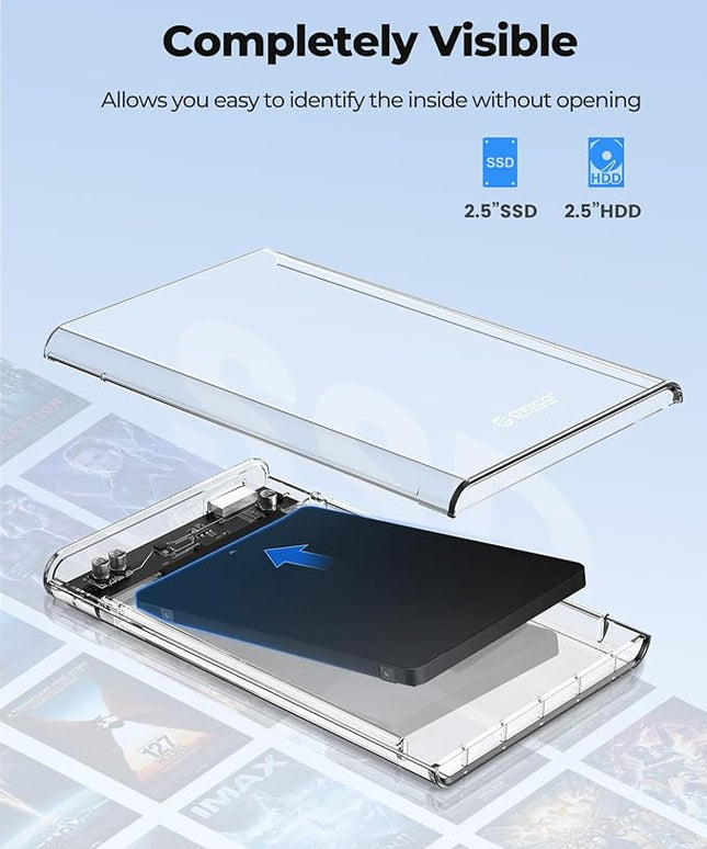 ORICO 2.5'' External Hard Drive Enclosure USB 3.0 to SATA III Tool-Free Clear Hard Disk Case for 2.5 inch 7mm 9.5mm SATA HDD SSD Max 6TB Support UASP(2139U3)