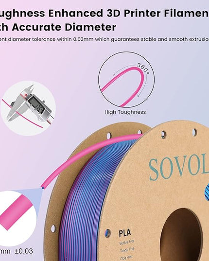 Sovol Dual Color PLA Filament 1.75mm, Silk PLA 3D Printing Material, Dual Color Filament Rose Blue 2 in 1 Coextrusion PLA Filament +/-0.02mm, 1kg/2.2lbs