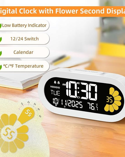 DOOMAY Digital Alarm Clock for Bedroom: Dual Alarm Bedside Clock VA LCD Display with Seconds, 9-Minute Snooze and Weekend Mode, 3 Brightness, 4 Alarms and 3 Volume Levels，Type C & Battery Included