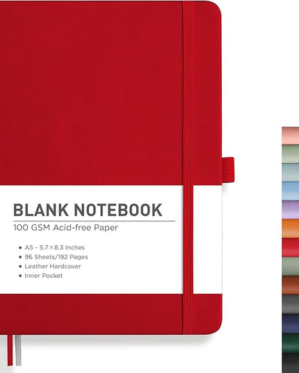 RETTACY Blank Journal Notebook, 192 Pages, A5 Medium Size (5.7'' x 8.3''), Leather Hardcover, 100 GSM Thick Paper, for Sketching, Drawing, Painting (Red)