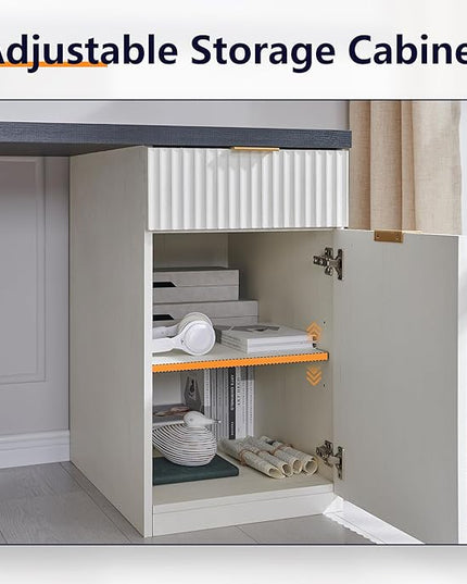 JXQTLINGMU 58" Modern Executive Desk with Storage, Wood Home Office Desk with 5 Drawers & 1 Cabinet, Fluted Computer Writing Desk for Study, Living Room, Bedroom, Antique White