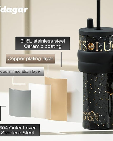 24 oz Tumbler with Lid and Straw, Insulated Coffee Mug Leak Proof, Portable Iced Travel Water Bottle, Reusable Thermal Coffee Cup, Gifts for Women, Mystic Black