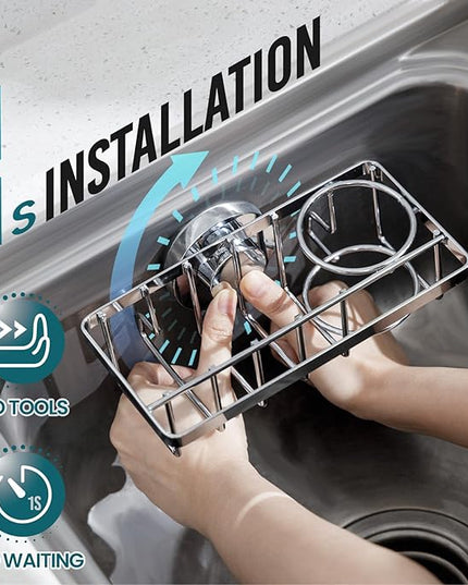 TAILI 4-in-1 Sponge Holder for Kitchen Sink with Strong Suction Cup Removable, Rustproof Aluminum Sink Caddy for Sponge, Brush, Scrubber, Scraper -Silver