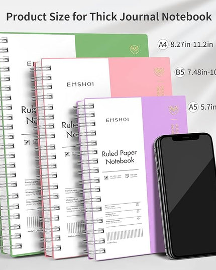 EMSHOI A5 Spiral Notebook College Ruled Lined Journal, Small 5.7" X 8.22", 300 Pages/150 Sheets, 100gsm Thick Paper, Waterproof Hardcover, for Office School Women Men Work Writing Notes-Pink