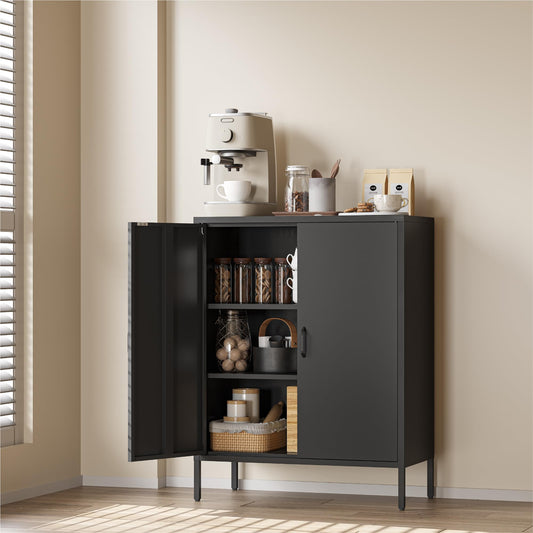 COFaR Black Metal Storage Cabinet, 40” Industrial Kitchen Organizer & Buffet Sideboard, 3-Tier Steel Cabinet with Adjustable Shelves, Magnetic Doors for Coffee Bar, Office, Dining Room