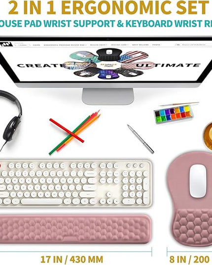 Hokafenle 2 in 1 Ergonomic Mouse Pad Wrist Support & Wrist Rest for Computer Keyboard Set, with Relieve Carpal Tunnel Pain Massage Bulge and Full Memory Gel Design (2In1 Set, Pink)