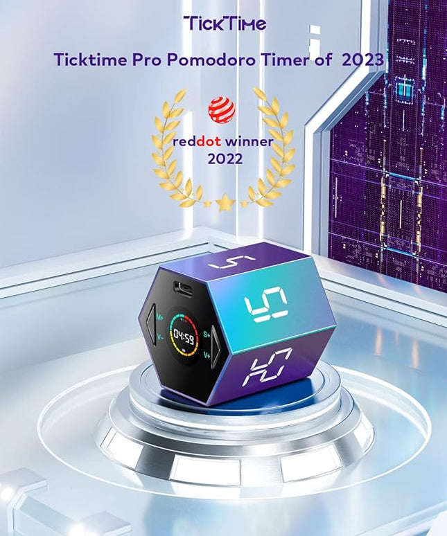 Ticktime Pomodoro Timer, Productivity Timer Cube, 5/15/25/30/45/60 Min Presets, Custom Countdown & Stopwatch 1s–99m59s, Sound/Vibration/Silent, Magnetic, Rechargeable, for ADHD Study Work,Violet