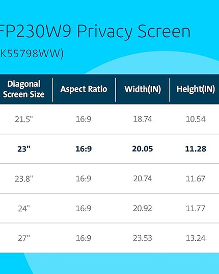 Kensington 23 inch Computer Privacy Screen for Desktop, 16:9 Widescreen Monitor, FP230W9 Anti-Glare Blue Ray Reduction Computer Privacy Filter, Matte and Glossy Viewing Options, K55417WW