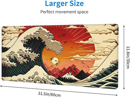 Japanese Wave Sun Gaming Mouse Pad XL, Large Non Slip Rubber Mousepad, Stitched Edges Mouse Pads, Long Extended Mouse Pad,31.5'' X 11.8''