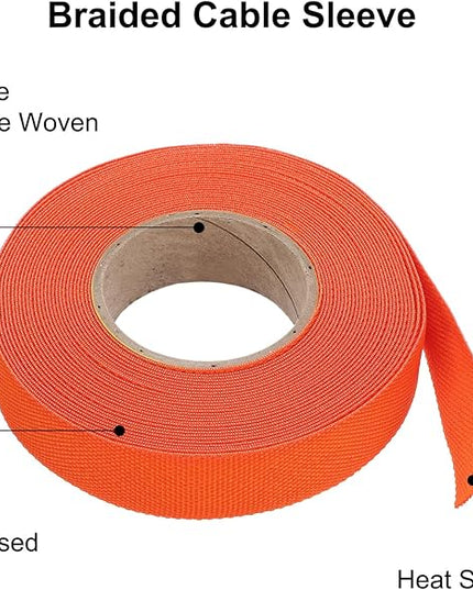MECCANIXITY Braided Cable Sleeves Heat Shrinkable Fabric Sleeving, 5/8" 33ft Orange 2:1 Ratio Heat Shrinkable Cord Protector for Harness Cable, Network Cable Protection, Cable Management