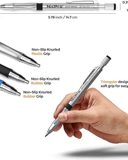 Nicpro 11 Pieces 2mm Mechanical Pencil Set, 3 PCS Carpenter Drafting Pencil 2.0 mm for Art Drawing Writing Sketching Construction with 6 Tube Pre-Sharpen HB & 2B Refill, Eraser, Sharpener